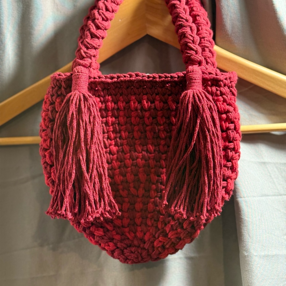 NWT BINGE Red Crochet Mini Bag With Tassels Boho Handmade Chic